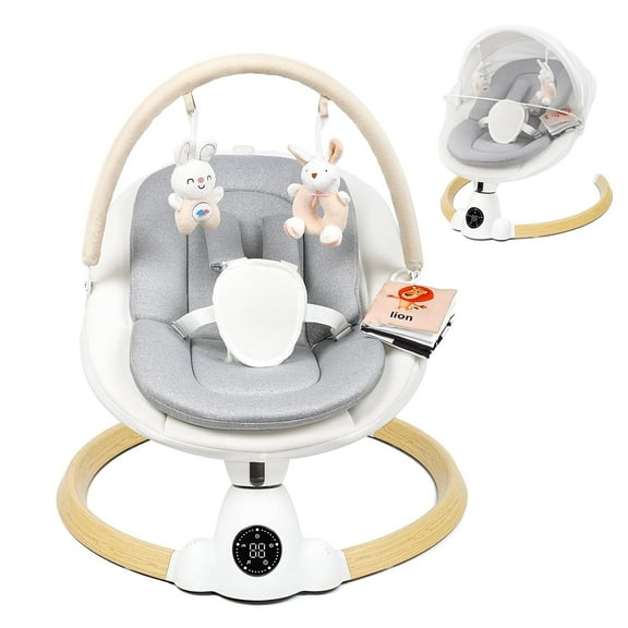 Baby Swing for Infants Toddler, 5 Swing Speed, 10 Lullabies, 5-Point Harness, Detachable Cushion & Canopy, Remote Control & Touch Panel, Wood Grain