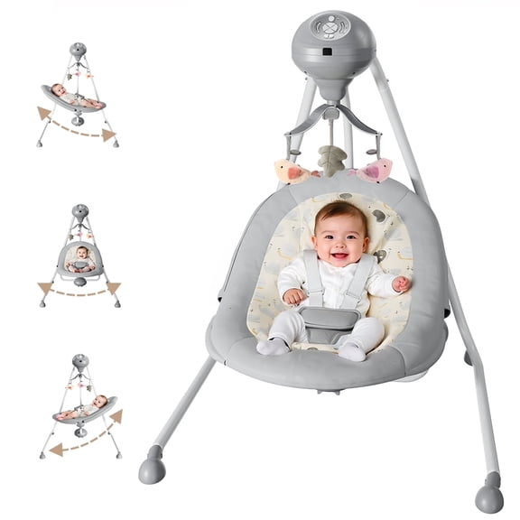 Baby Swing for Infants, Caveen Electric Baby Rocker with 360 Rotatable Seat, 2 Swing Directions, 3 Rotating Toys, for 0-6 Months, Grey