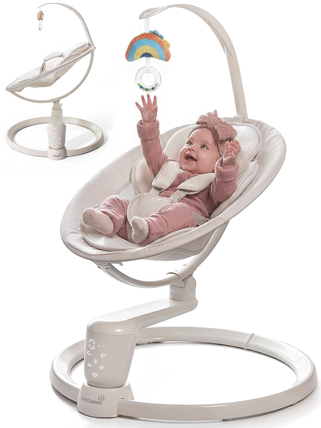 Grownsy Baby Play Swing, Smart Portable High View Swing with Music, Lightweight Foldable 360° Rotating Entertainment Chair Classic Oat - Only For Awake Babies Under Adult Supervision