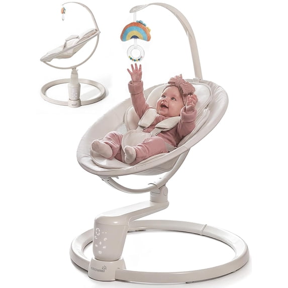 Grownsy Baby Play Swing, Smart Portable High View Swing with Music, Lightweight Foldable 360° Rotating Entertainment Chair Classic Oat - Only For Awake Babies Under Adult Supervision