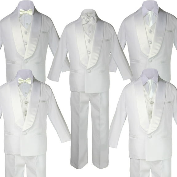 Baby Teen White Satin Shawl Lapel Suits Tuxedo IVORY Satin Bow Necktie Vest