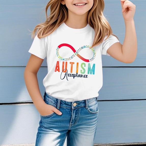 Baby Tees Boys Autism Awareness Print Short Sleeve Crewneck Tee Girls Tops White 5-6 Years