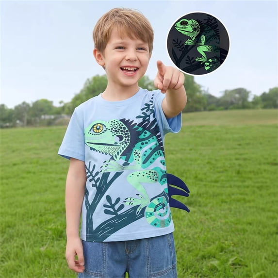Baby Tees Boys Glow In The Dark Lizard Print Short Sleeve Tee Boys' Tops Light Blue 3-4 Years