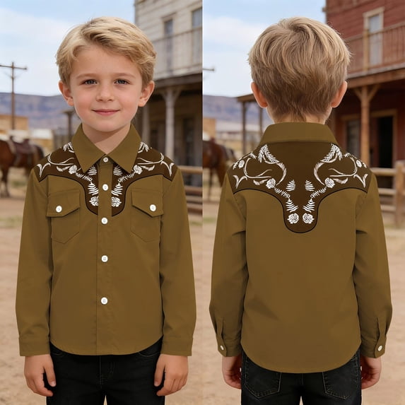 Baby Tees Boys Western Cowboy Print Long Sleeve Button Down Shirt Girls' Tops Brown 12-13 Years