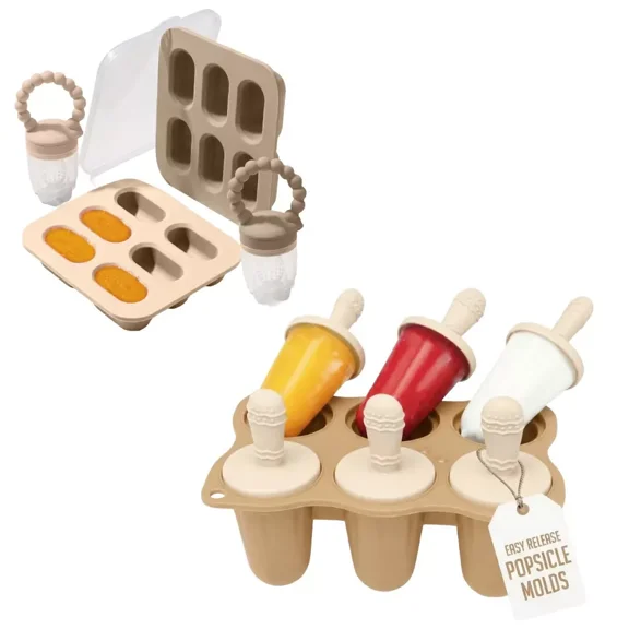 Baby Teething Popsicle Set, Baby Ice-Popsicle Mold & Silicone Baby Fruit Feeders with Freezer Tray, BPA-Free, Dishwasher Safe, Freezer Safe - Neutral