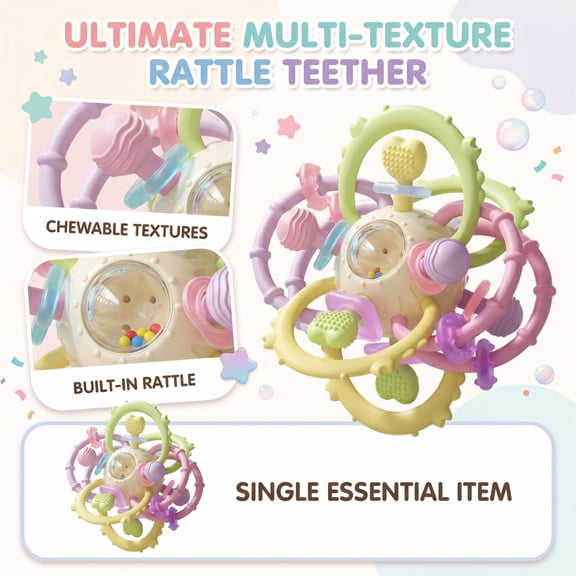 Baby Teething Toy for Babies Silicone Baby Rattle Teether with Gentle Rattle Sound BPA-Free Soft Chew Toy Sensory Development Toy Ergonomic Design for Small Hands 3-12 Months Home Travel Use,1pcs