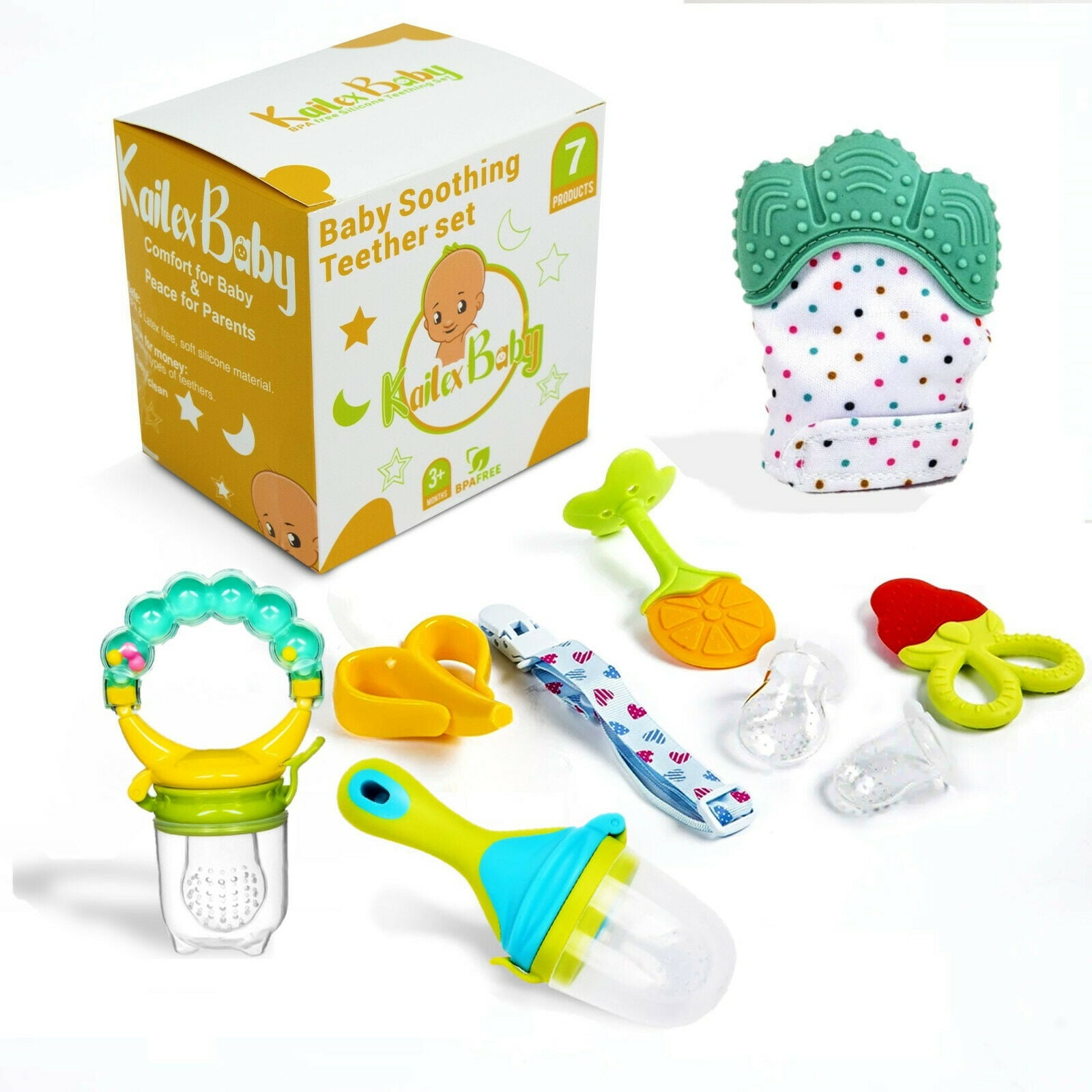 Baby Fruit Food Feeder PacifierTeether Toys Set - Silicone Fresh Food Feeder  Teether with 3 mesh Silicone Bags and Teething Toys All in One Infant  Teether Toys