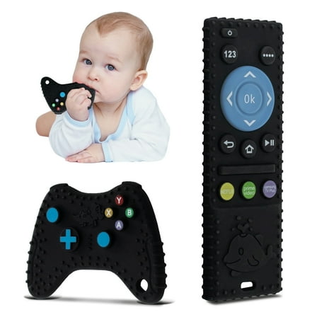 Baby Teething Toys, 2 Pcs Silicone Teething Toys for 3-6 month 6-12 Months - Sensory Toy Chew Toys Educational Toys for Toddler, Remote Control and Game Controller Teething Toys Set  - Black
