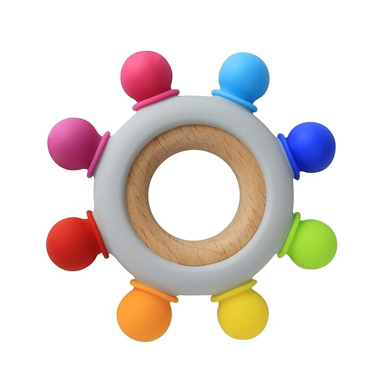 PandaEar Baby Teething Toy - Silicone Rudder With Wooden Rings For Teething Pain Relief (Pink)