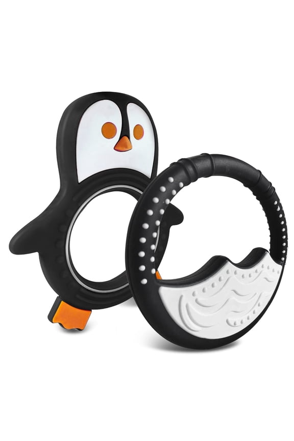 Baby Teething Toys for Newborn, Infants 0-6 Months Silicone Teethers for Babies 6-12 Months BPA Free (Penguin - Black & White)