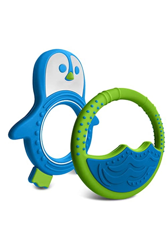 Baby Teething Toys for Newborn, Infants 0-6 Months Silicone Teethers for Babies 6-12 Months BPA Free (Penguin - Blue & Green)