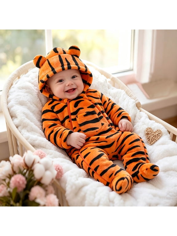 Baby Tiger Costume Bodysuit Fleece Hooded Footed Romper Infant Animals Outfit for Halloween and Dress up