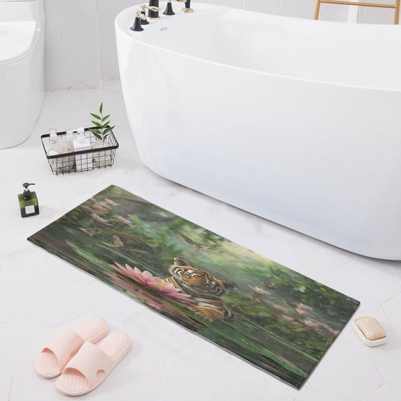 Baby Tiger Sits on Leaf Bath Mat 39x20 Non-Slip Bathroom Rugs Absorbent Soft Plush Quick Dry for Tub Shower Kitchen Home Decor
