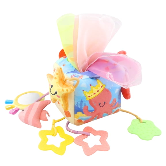 Baby Tissue Box Sensory Toy - Ocean Pull Out Silk Scarf Activity Cube with Mirror, Teether & Textured Toys