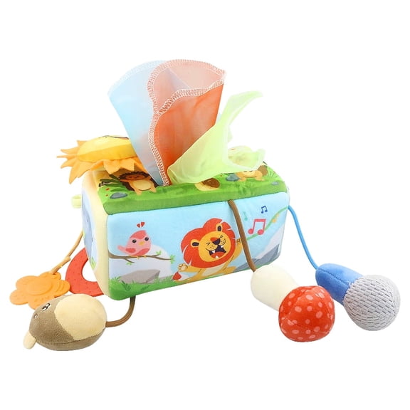 Baby Tissue Box Sensory Toy,  Pull Out Silk Scarf Activity Cube with Mirror, Teether & Textured Toys Forest theme
