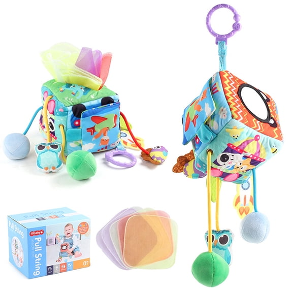 Baby Tissue Box Toy Baby Tissue Box Hanging Toy with Squeaky Sounds Crinkle Texture Mirror for Sensory Stimulation Montessori Newborn Tummy Time Activity Toy for Crib Stroller Play Gym,B