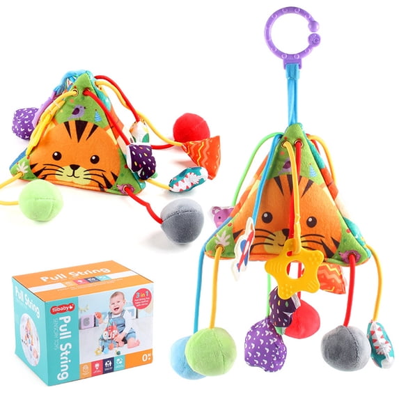 Baby Tissue Box Toy Hanging Pull Cord Squeaky Crinkle Toy with Mirror Bead Ring Montessori Tummy Time Activity for Newborns Stroller Crib Gym,A