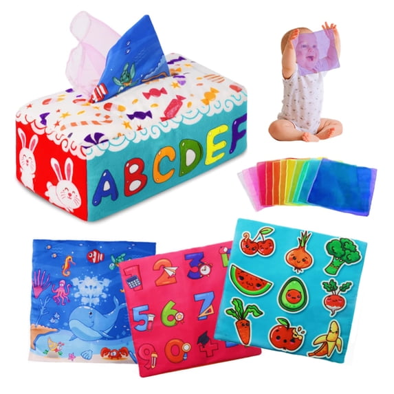 Baby Tissue Box Toy, Montessori Toys for Babies 6-12 Months, Soft Baby Toys Magic Tissue Box with Crinkle Paper & Rainbow Scarves, Infant Baby Sensory Toys Early Learning Developmental Toys Gift