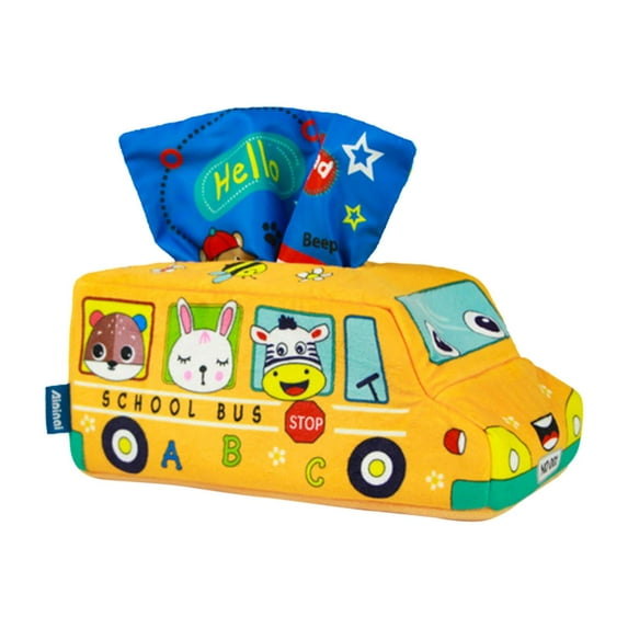 Baby Tissue Box Toys, High Contrast Square with Tissues toy for Infants , School Bus