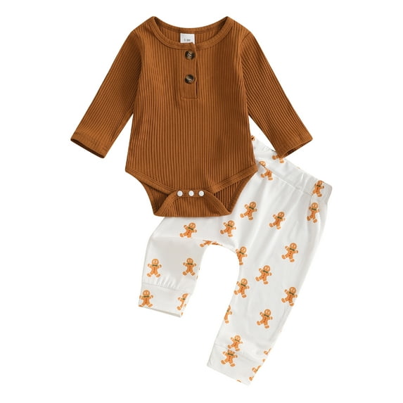 Baby Toddler 2 Piece Clothes Outfits 0 3 6 12 18 Months Long Sleeve Rompers and Christmas Print Elastic Pants Set for Infant