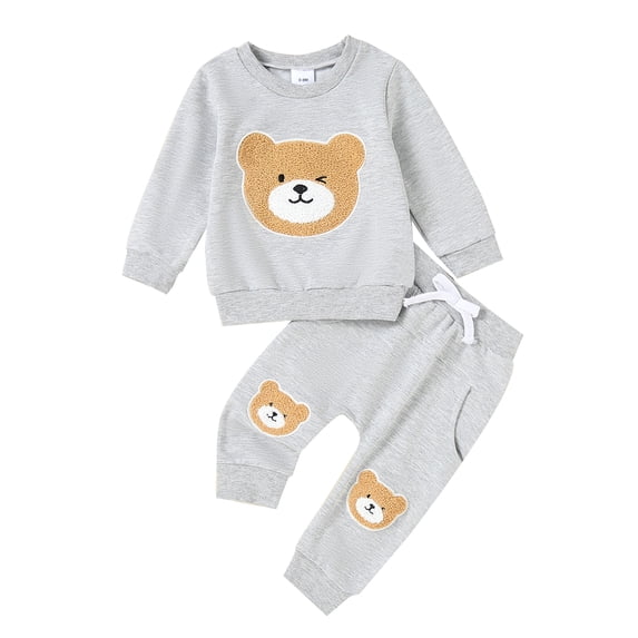 Baby Toddler 2 Piece Fall Outfit 0 6 12 18 24 Months 2T 3T Bear Embroidery Long Sleeve Sweatshirt and Elastic Pants Set for Newborn Infant Fall Clothes