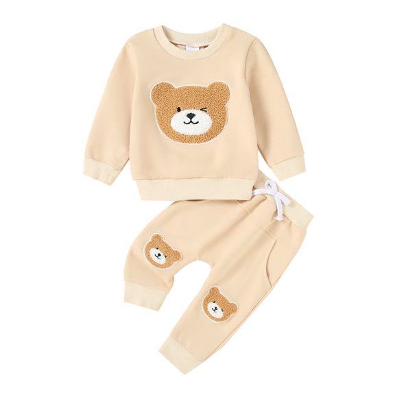 Baby Toddler 2 Piece Fall Outfit 0 6 12 18 24 Months 2T 3T Bear Embroidery Long Sleeve Sweatshirt and Elastic Pants Set for Newborn Infant Fall Clothes