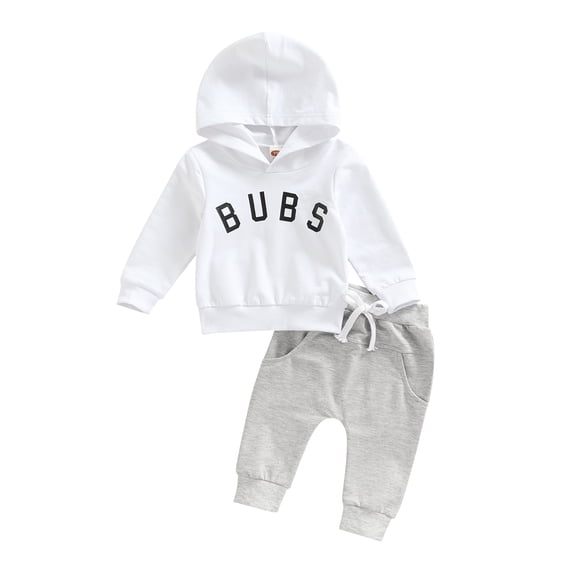 Baby Toddler 2Pcs Hooded Outfits, 3 6 12 18 24 Months 2T 3T Capital Letter Print Long Sleeve Hooded Pullover + Elastic Drawstring Side Pockets Trousers
