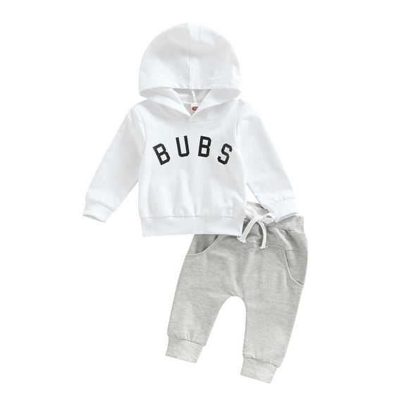 Baby Toddler 2Pcs Hooded Outfits, 3 6 12 18 24 Months 2T 3T Capital Letter Print Long Sleeve Hooded Pullover   Elastic Drawstring Side Pockets Trousers