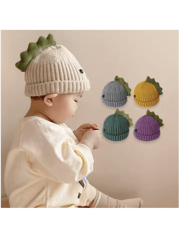 Baby Toddler Autumn and Winter Cute Dinosaur Shape Woolen Beanie Hats Thick Warm Pom Pom Knitted Dinosaur Baby Hats (Orange)