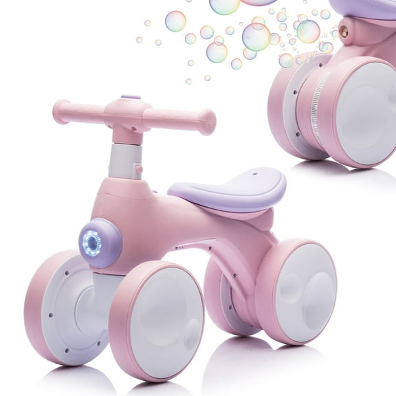 Baby Toddler Balance Bike with Bubble Machine for 1 Year Old Children,4 Wheels Kids Balance Bike w/Bubble Maker,Kids Ride on Toys w/Music,Headlight for Ages 12-36 Months Boys Girls (Light Pink)