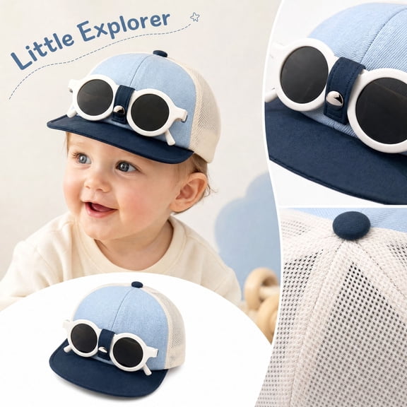 Baby Toddler Baseball Cap with Attached Round 3D Glasses Infant Sun Hat for Boys Girls Soft Brim Casual Style Cap