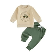 PAERPADE Baby Toddler Boys Fall Clothing Set 0 6 12 18 24 Months 2T 3T 4T Letter Tractor Print Long Sleeve Round Neck Tops Drawstring Pocket Long Pants 2-Piece Outfits