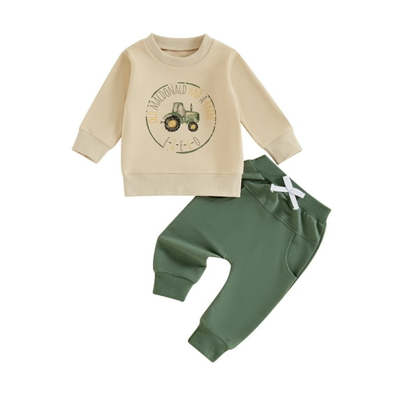 Baby Toddler Boy 2 Piece Fall Outfit, 0 6 12 18 24 Months 2T 3T 4T Letter Tractor Print Long Sleeve Sweatshirt Elastic Waist Pants with Pockets Clothing Set
