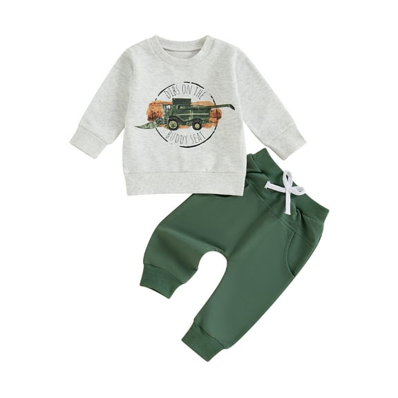 Baby Toddler Boy 2 Piece Fall Outfit, 0 6 12 18 24 Months 2T 3T 4T Letter Tractor Print Long Sleeve Sweatshirt Elastic Waist Pants with Pockets Clothing Set