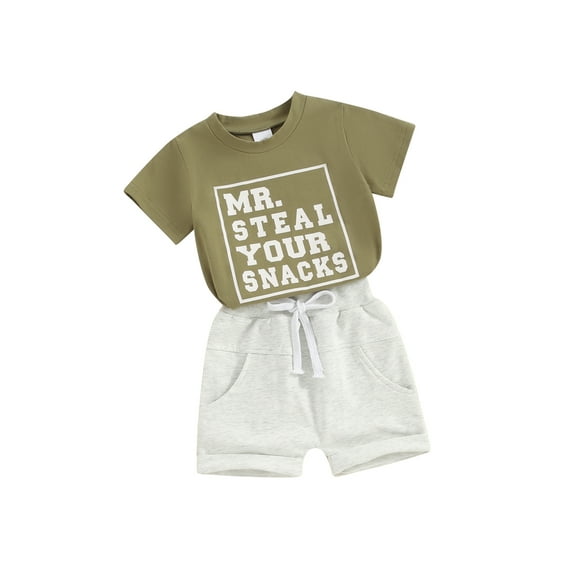 Baby Toddler Boy 2 Piece Summer Outfits 0 6 12 18 24 Months 2T 3T Casual Round Neck Short Sleeve Letter Print T shirt Tops + Elastic Waist Shorts Infant Toddler Clothing Set
