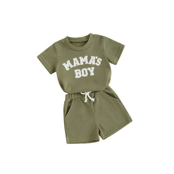 Baby Toddler Boy 2 Piece Waffle Outfits, 0 6 12 18 24 Months 2T 3T Round Neck Short Sleeve Letter Embroidery Tops + Elastic Waist Shorts Clothing Set