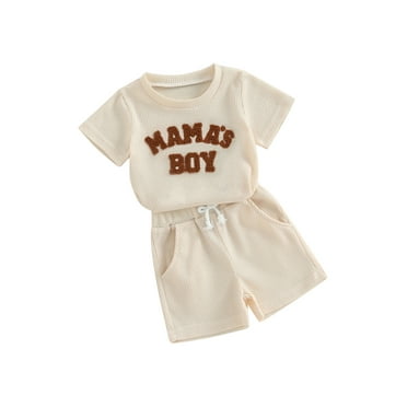 Baby Toddler Boy 2 Piece Waffle Outfits, 0 6 12 18 24 Months 2T 3T Round Neck Short Sleeve Letter Embroidery Tops + Elastic Waist Shorts Clothing Set