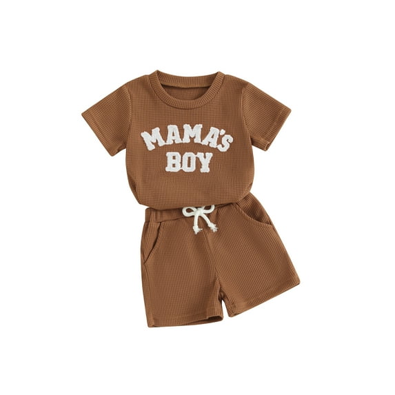 Baby Toddler Boy 2 Piece Waffle Outfits, 0 6 12 18 24 Months 2T 3T Round Neck Short Sleeve Letter Embroidery Tops + Elastic Waist Shorts Clothing Set