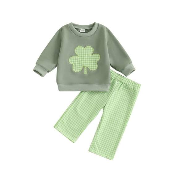 Baby Toddler Boy 2Pcs Fall Outfit 0 6 12 18 24 Months 2T 3T Long Sleeve Shamrock Sweatshirt + Plaid Trousers Set Toddler Clothes