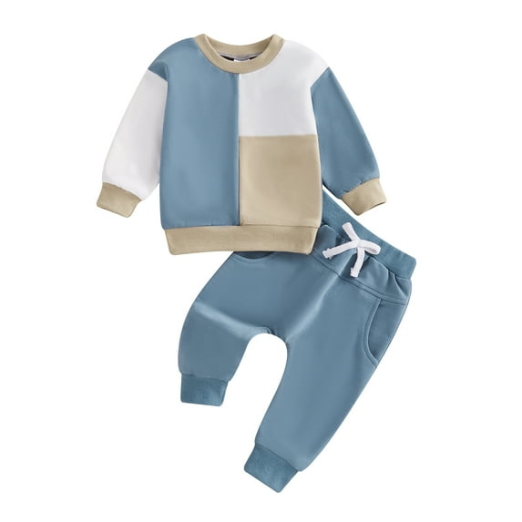 Baby Toddler Boy 2Pcs Fall Outfit 3 6 12 18 24 Months 2T 3T Long Sleeve Contrast Color Ribbed Hem Sweatshirt + Pants Set Clothes