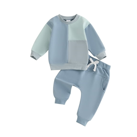 Baby Toddler Boy 2Pcs Fall Outfit 3 6 12 18 24 Months 2T 3T Long Sleeve Contrast Color Ribbed Hem Sweatshirt + Pants Set Clothes