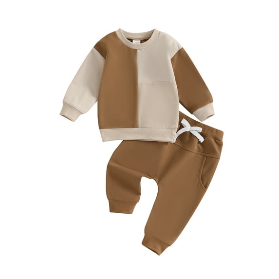 Baby Toddler Boy 2Pcs Fall Outfit 3 6 12 18 24 Months 2T 3T Long Sleeve Contrast Color Ribbed Hem Sweatshirt + Pants Set Clothes