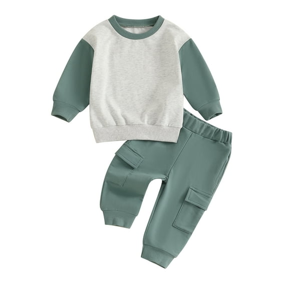 Baby Toddler Boy 2Pcs Fall Outfit 3 6 12 18 24 Months 2T 3T Long Sleeve Contrast Color Sweatshirt + Cargo Pants Set Clothing