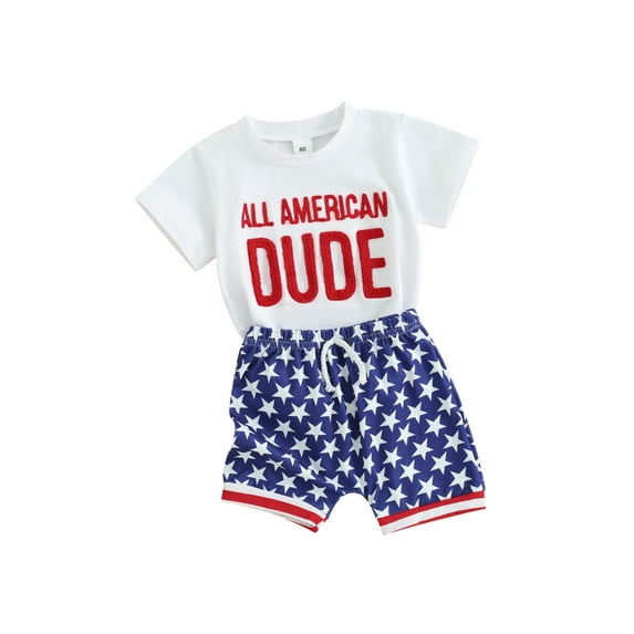 Baby Toddler Boy 4th of July Outfits, 6 12 18 24 Months 2T 3T Short Sleeve Letter Embroidery T shirt Tops + Elastic Waist Star Print Shorts Toddler Independence Day Clothes Set