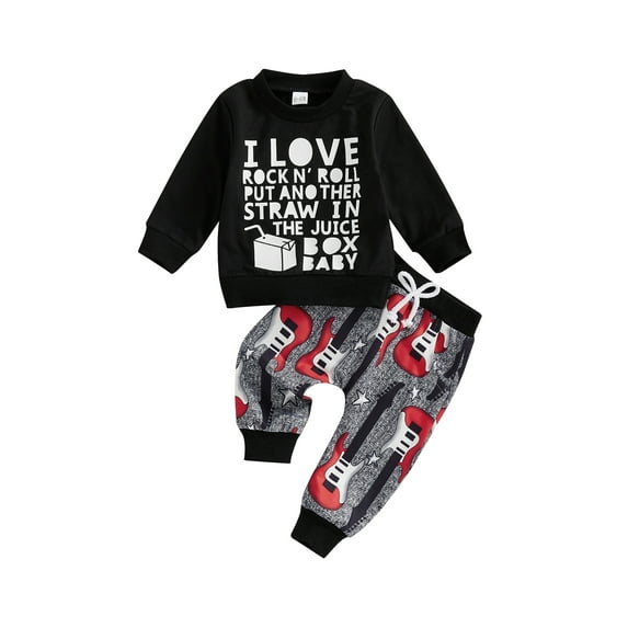 Baby Toddler Boy Autumn 2PCS Outfit 3 6 12 18 24 Months 2T 3T Long Sleeve O Neck Letter Print Tops Guitar Print Pants Clothing Sets