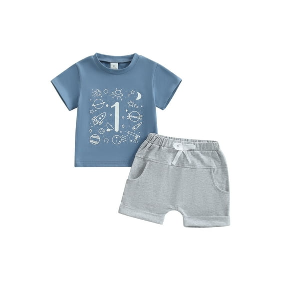 Baby Toddler Boy Birthday Outfit 6 12 18 Months Letter Rocket Print Short Sleeve T-shirt Solid Elastic Waist Shorts 2 Pcs Summer Clothing Set