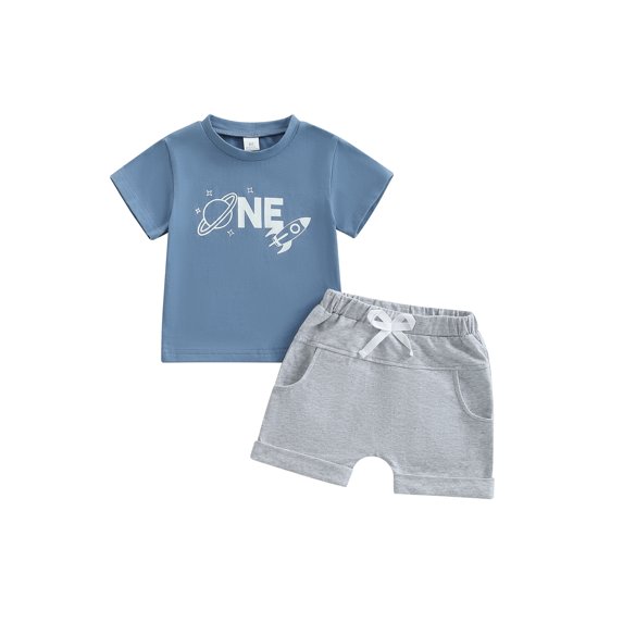 Baby Toddler Boy Birthday Outfit 6 12 18 Months Letter Rocket Print Short Sleeve T-shirt Solid Elastic Waist Shorts 2 Pcs Summer Clothing Set