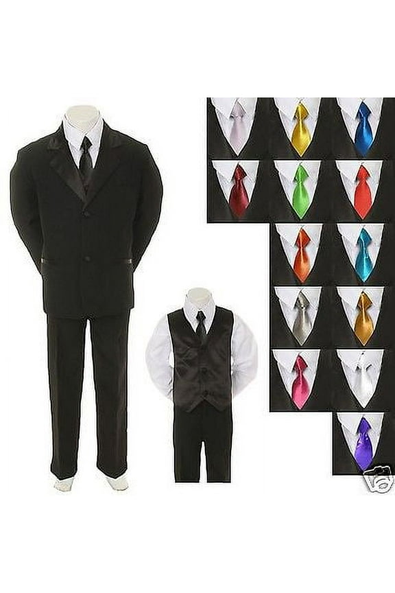 Baby Toddler Boy Black Formal  Suit + EXTRA color TIE 6pc Tuxedo S M L XL 2T-20