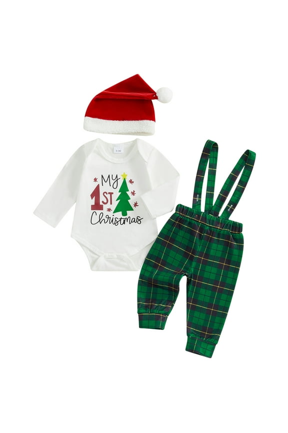 Baby Toddler Boy Christmas 3Pcs Outfit, 0 3 6 9 12 18 Months Long Sleeve Dots Printed Bow Tie Romper with Overall Pants and Hat Infant Clothing Set