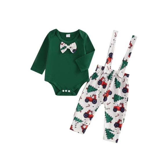 Baby Toddler Boy Christmas Clothing Set 0 3 6 12 18 Months Tree/Gingerbread Print Bow Tie Long Sleeve Romper Long Suspender Pants Outfits